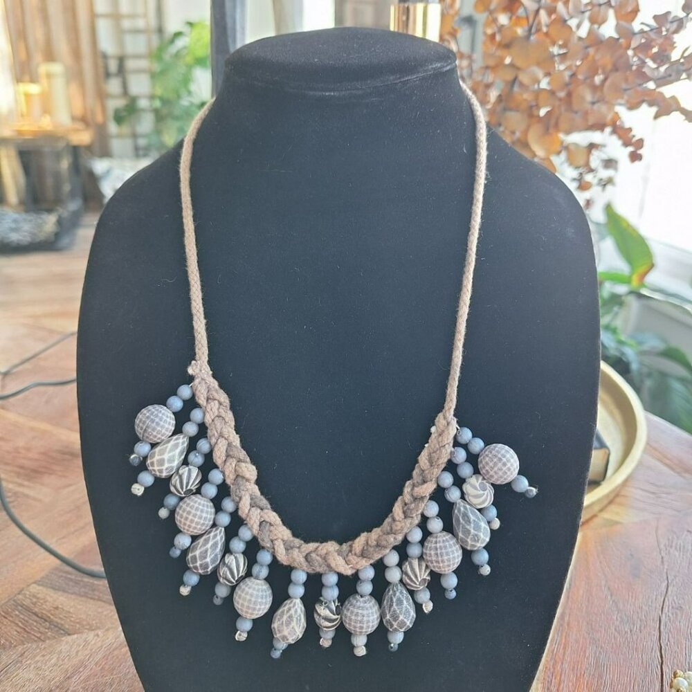 Braided Fringe Necklace Gray Plastic 20 Inch‎ Adjustable Boho Dangle